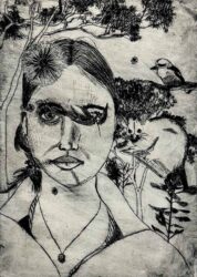 Etching on paper by Sophie Bishop, Year 10, Geelong Grammar School Student artwork of a self-portrait