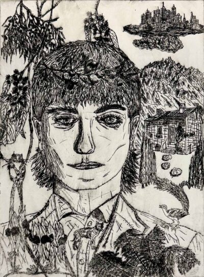Etching on paper by Jac Chianta, Year 10, Geelong Grammar School Student artwork of a self-portrait