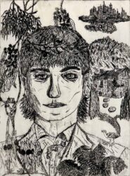Etching on paper by Jac Chianta, Year 10, Geelong Grammar School Student artwork of a self-portrait