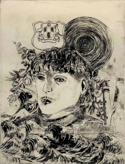 Etching on paper by Charlie Haigh, Year 10, Geelong Grammar School Student artwork of a self-portrait