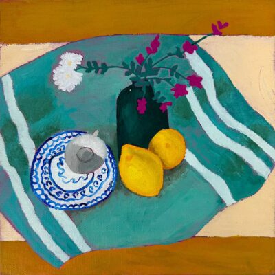 Oil on board by Stella Keenan, Year 10, Geelong Grammar School Student artwork of a still life with a vase of flowers and lemons