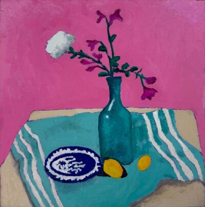 Oil on board by Daisy Handbury, Year 10, Geelong Grammar School Student artwork of a still life with a vase of flowers