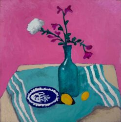 Oil on board by Daisy Handbury, Year 10, Geelong Grammar School Student artwork of a still life with a vase of flowers