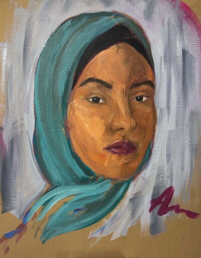 Acrylic on cardboard by Almaz Lebdeh, Year 12, Lowther Hall Anglican Grammar School Student artwork of a self portrait
