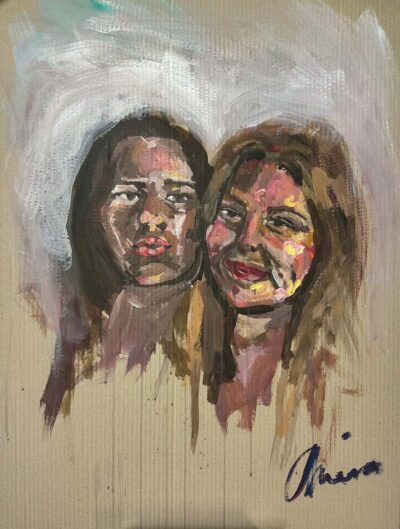 Acrylic on cardboard by Ameira Bowering, Year 12, Lowther Hall Anglican Grammar School Student artwork of a double portrait