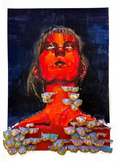 Acrylic and hand-coloured collage on paper by Chi Phan, Year 10, Lowther Hall Anglican Grammar School Student artwork of a figure in red with fish scales