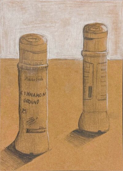 Graphite pencil and white pastel on paper by Kathryn Bartlett, Year 7, Lowther Hall Anglican Grammar School Student artwork of a spice jar tonal study
