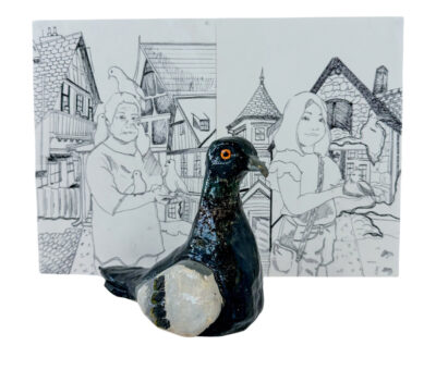 Ink on paper and glazed earthenware by Eli Khamly, Year 10, Lowther Hall Anglican Grammar School Student artwork of drawings and sculpture of pigeons