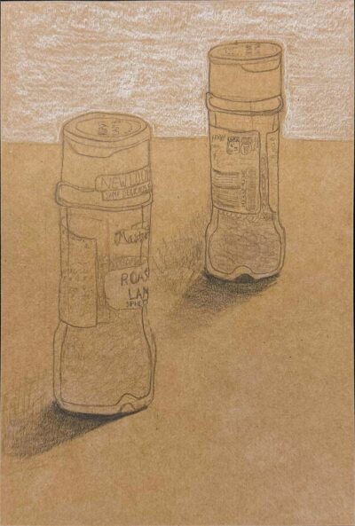 Graphite pencil and white pastel on paper by Iris Truong, Year 7, Lowther Hall Anglican Grammar School Student artwork of a spice jar tonal study