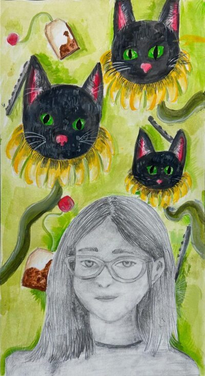 Mixed media on paper by Edison Donnelly, Year 7, Lowther Hall Anglican Grammar School Student artwork of a self-portrait