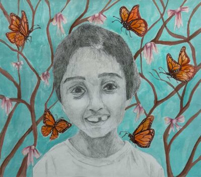 Mixed media on paper by Dilmi Jayaratne, Year 7, Lowther Hall Anglican Grammar School Student artwork of a self-portrait