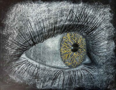 Pastel and ink on black paper by Nurfarzana Ezrie, Year 10, Lowther Hall Anglican Grammar School Student artwork of a kintsugi eye