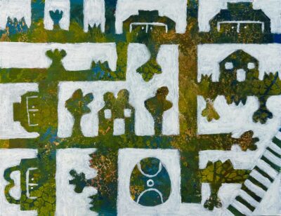 Stencil and mono print on paper by Lily Boucher, Year 8, Lowther Hall Anglican Grammar School Student artwork of an urban landscape