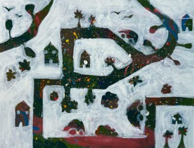 Stencil and mono print on paper by Charlotte Hagger, Year 8, Lowther Hall Anglican Grammar School Student artwork of an urban landscape