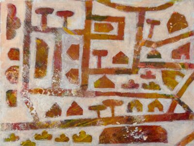 Stencil and mono print on paper by Isla Rinaldi, Year 8, Lowther Hall Anglican Grammar School Student artwork of an urban landscape