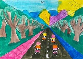 Watercolour and fineliner on paper by Rhyshia Evans, Year 4, Maharishi School Student artwork of a one-point perspective drawing