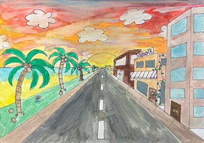 Watercolour and fineliner on paper by Angelique Caruana, Year 6, Maharishi School Student artwork of a one-point perspective drawing