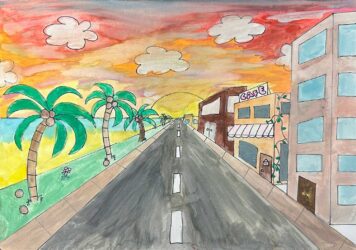 Watercolour and fineliner on paper by Angelique Caruana, Year 6, Maharishi School Student artwork of a one-point perspective drawing