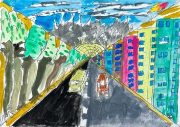 Watercolour and fineliner on paper by Manan Kumar, Year 4, Maharishi School Student artwork of a one-point perspective drawing