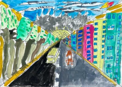 Watercolour and fineliner on paper by Manan Kumar, Year 4, Maharishi School Student artwork of a one-point perspective drawing