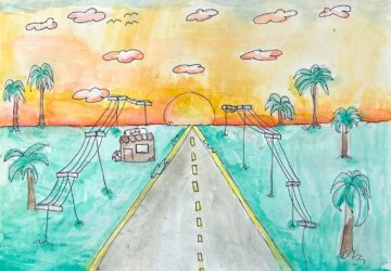 Watercolour and fineliner on paper by Brenda Pavlovic, Year 5, Maharishi School Student artwork of a one-point perspective drawing