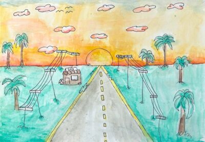 Watercolour and fineliner on paper by Brenda Pavlovic, Year 5, Maharishi School Student artwork of a one-point perspective drawing