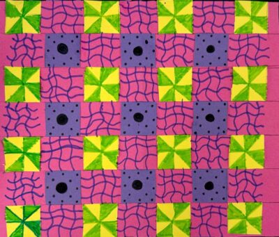 Coloured paper strips by Hannah Campbell-Simms, Year 5, Maharishi School Student artwork of woven paper and patterns