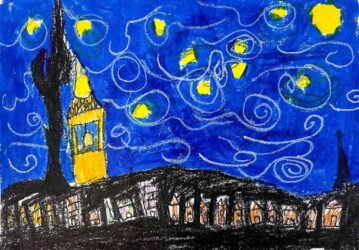 Oil pastel and pencil on paper by Suryan Samant, Year 5, Maharishi School Student artwork inspired by Van Gogh's 'Starry Night'