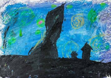 Oil pastel on paper by Evelyn Weegberg, Year 4, Maharishi School Student artwork inspired by Van Gogh's 'Starry Night'