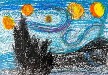 Oil pastel on paper by Harmonie Caruana, Year 4, Maharishi School Student artwork inspired by Van Gogh's 'Starry Night'