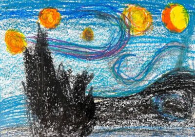 Oil pastel on paper by Harmonie Caruana, Year 4, Maharishi School Student artwork inspired by Van Gogh's 'Starry Night'