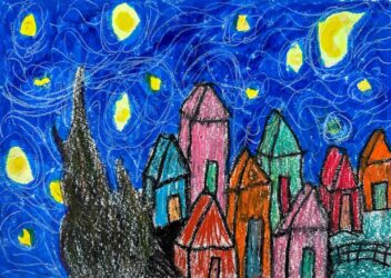 Oil pastel and pencil on paper by Ava Mae Ellis, Year 5, Maharishi School Student artwork inspired by Van Gogh's 'Starry Night'
