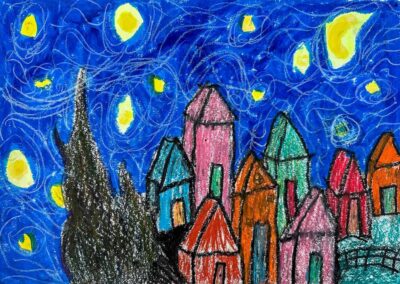 Oil pastel and pencil on paper by Ava Mae Ellis, Year 5, Maharishi School Student artwork inspired by Van Gogh's 'Starry Night'