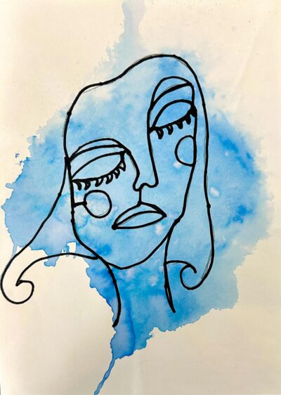 Ink and marker on paper by Ava Goutzamanis, Year 6, Penleigh and Essendon Grammar School Student artwork of a continuous line portrait