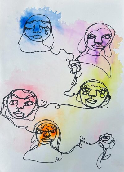 Ink and marker on paper by Ella Lahoylalahoy, Year 6, Penleigh and Essendon Grammar School Student artwork of a continuous line portrait