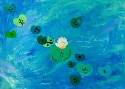 Acrylic on paper by Erin O’Toole, Year 4, Penleigh and Essendon Grammar School Student artwork of a water lily and lily pads