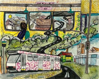 Watercolour, pencil, marker and fineliner on paper by Hannah Gotmaker, Year 11, St Michael’s Grammar School Student artwork of a dreamscape tram ride