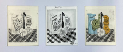 Etching and watercolour on paper by Sinclair Yong, Year 9, St Michael’s Grammar School Student artwork of a still life in triptych