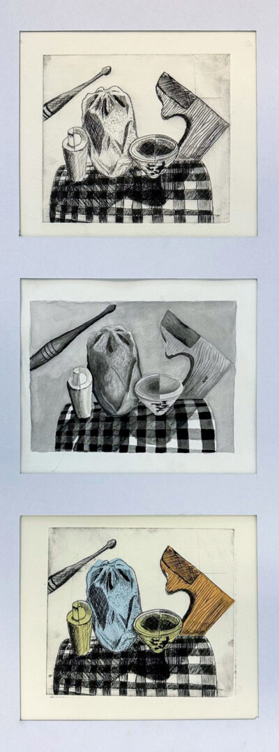 Etching and watercolour on paper by Max Pidduck, Year 9, St Michael’s Grammar School Student artwork of a still life in triptych