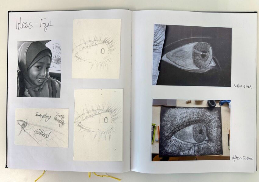 Pastel and ink on black paper by Nurfarzana Ezrie, Year 10, Lowther Hall Anglican Grammar School