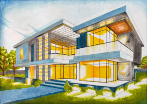 Watercolour and coloured pencil by Isaiah Ha, Year 10, Alphington Grammar Student artwork of an architectural design
