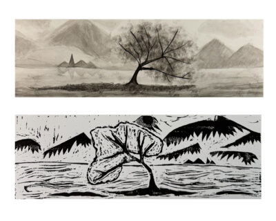 Lino cut print and watercolour by Serena Chen, Year 8, Lowther Hall Anglican Grammar School Student artwork a landscape in watercolour and lino print