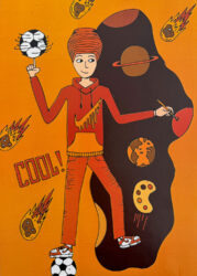 Student artwork digital illustration of an avatar with soccer balls