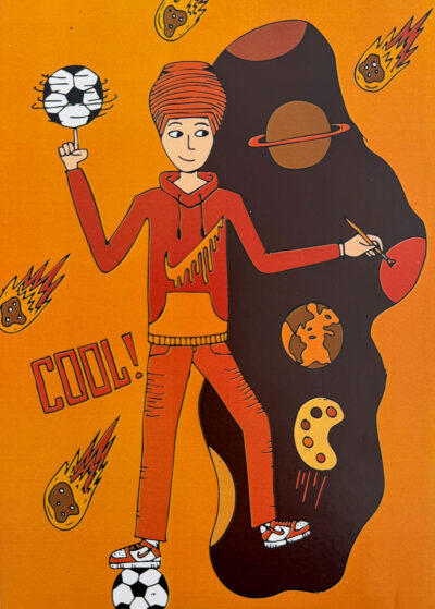 Student artwork digital illustration of an avatar with soccer balls