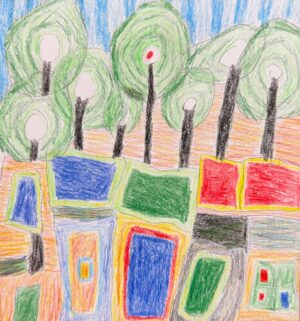Drawing by James Bao, Year 9, Alphington Grammar Student artwork inspired by Hundertwasser
