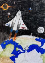 Graphite and coloured pencil by London Townsend, Year 7, Melbourne Montessori College Student artwork of a spaceship