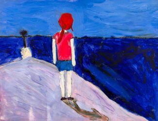 Acrylic paint and glaze by Violet Harris, Year 4, Melbourne Montessori College Student artwork of figure looking over the ocean
