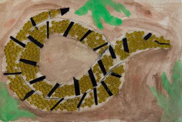 Found materials, carboard, glue and paint by Charleston Stafield, Year 3, Melbourne Montessori College Student artwork of a mixed media snake