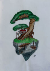 Watercolour pencil by Ptolemy Killis, Year 7, Melbourne Montessori College Student artwork of a tree island with house and boat