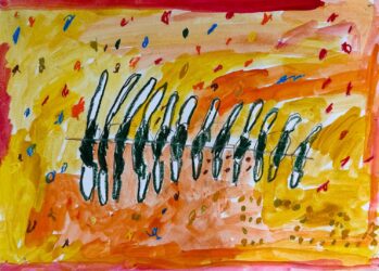 Pastel and watercolour by Ezra Halphen, Year 2, Melbourne Montessori College Student artwork inspired by Yayoi Kusama
